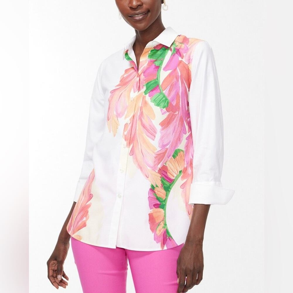 CHICO’S No Iron Stretch 3/4 Sleeve Foliage Cotton Shirt Women’s Size US(14 )